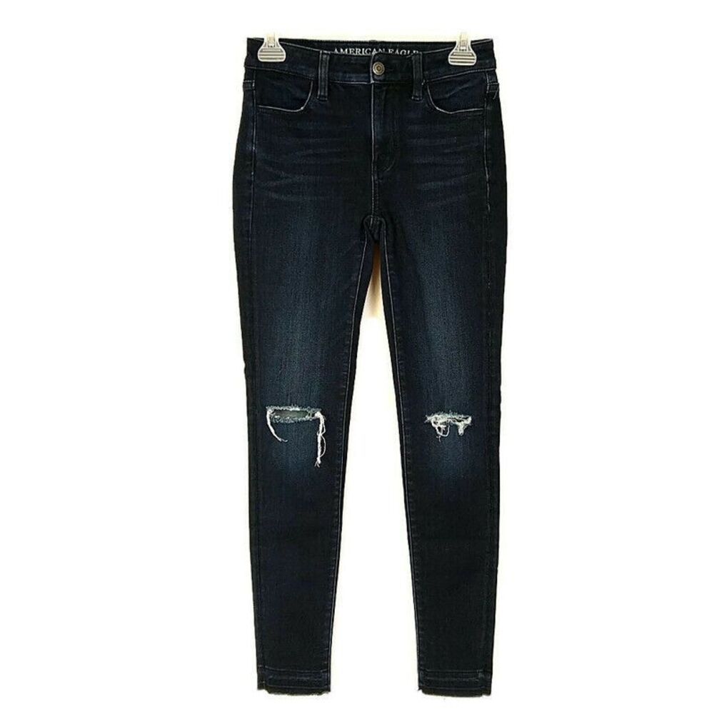 American Eagle Womens sz 0 Jeans Blue Denim Hi Rise‎ Jegging Distressed Stretch